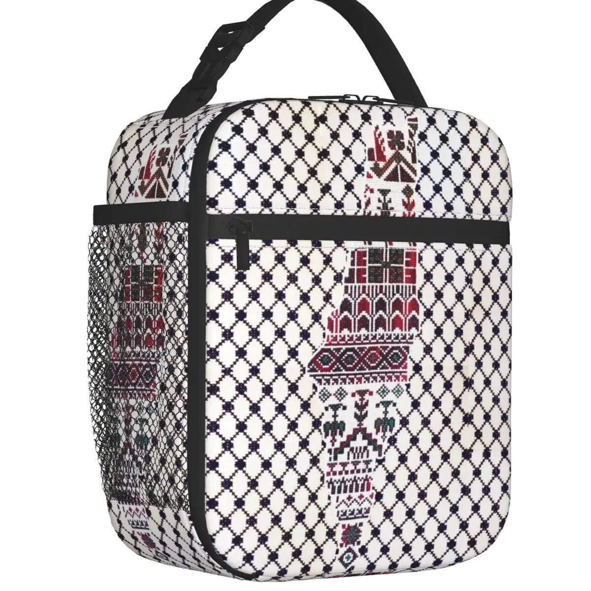 

Palestine Keffiyeh Palestinian Tatreez Embroidery Insulated Lunch Bag Leakproof Hatta Kufiya Cooler Thermal Lunch Box Beach