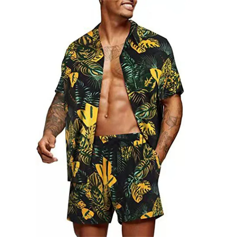 

Y2k Men's Hawaiian Set Button Shirt Beach Shorts Street Casual 2-piece Oversized Shirt and Shorts Print Short Sleeve Flower