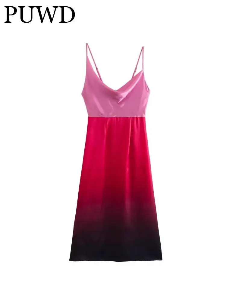 

PUWD Women Fashion Pink Gradient Backless Sling Dress 2023 Summer Vintage Back Zipper Sleeveless Female Bottoms Mujer