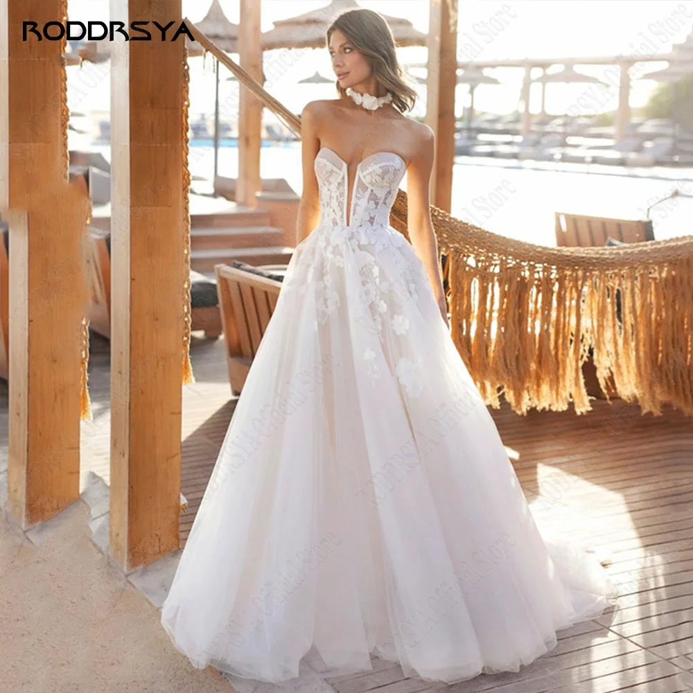 

RODDRSYA Exquisite Tulle Wedding Dresses For Woman Sexy Strapless Sleeveless Bride Gowns A-Line Applique vestidos de novia