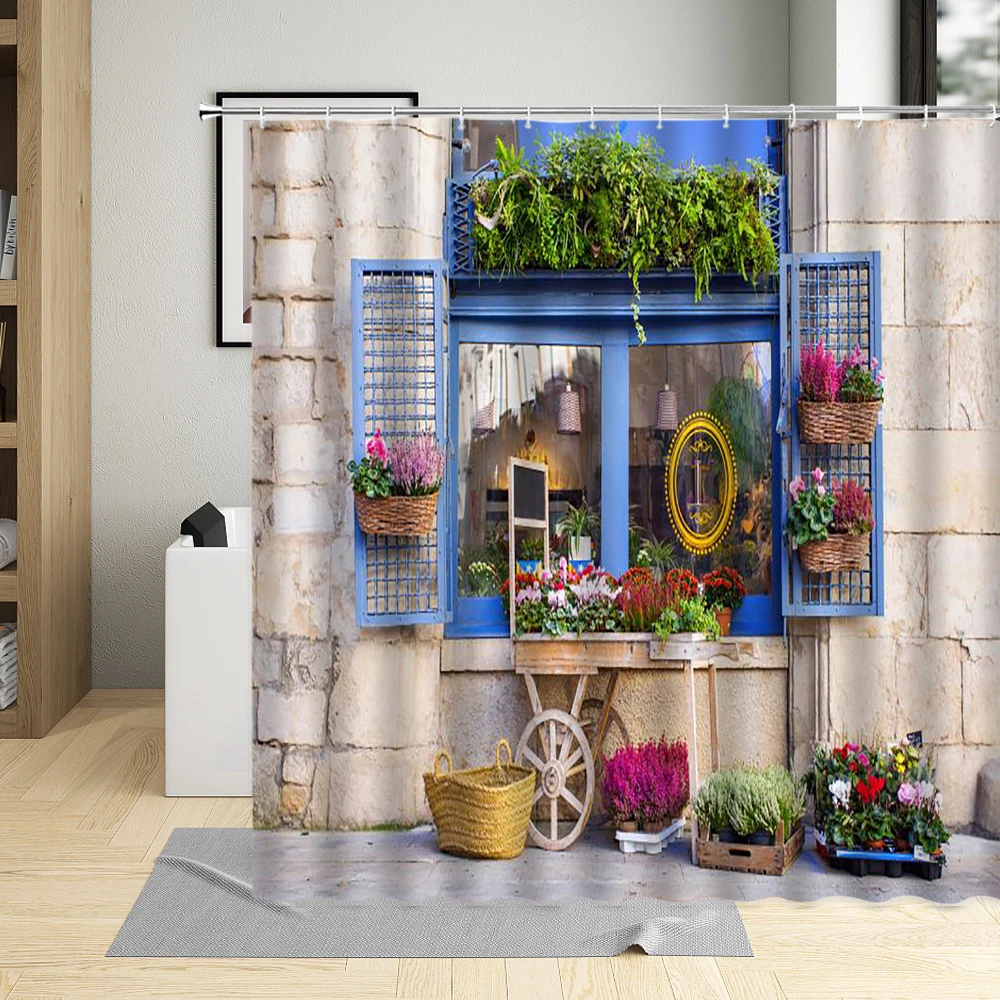 retro old wooden door shower curtain vintage flower window farmhouse barn shutters wall decor bathroom hanging curtains set hook free global shipping