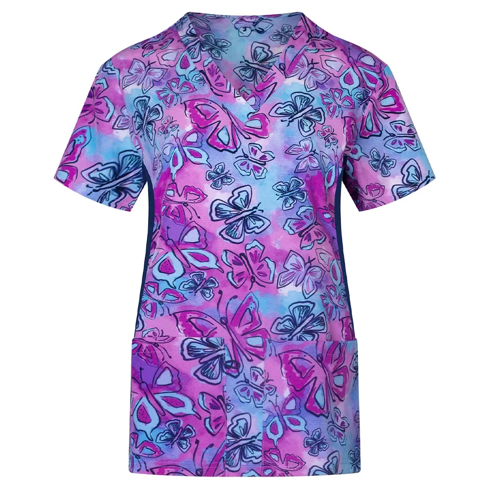 Женская медицинская мода с цветочным принтом и v-образным вырезом топы для