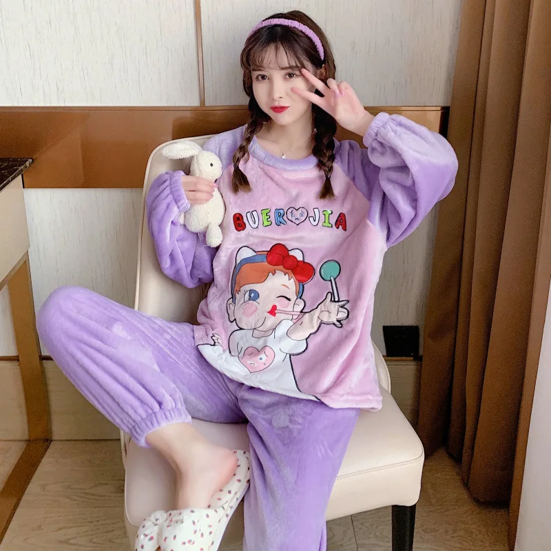 Kawaii Flannel Women Pajamas Set Winter Velvet Sleepwear Long Sleeve Warm Home Clothes Anime Pijama For Young Lady Nightgown Gif