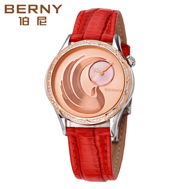 BERNY Top Brand Luxury Diamond Watch Women Fashion Wristwatch Leather Strap Japan Miyota Phoenix Clock Waterproof Watch Ladies