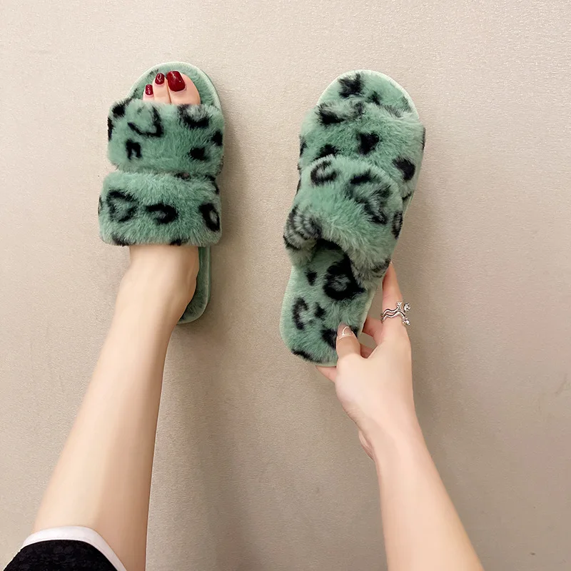Large Size Flat Cotton Slippers Women's 2022 Autumn and Winter new European American Fashion Leopard Print One Word Fur Slippers