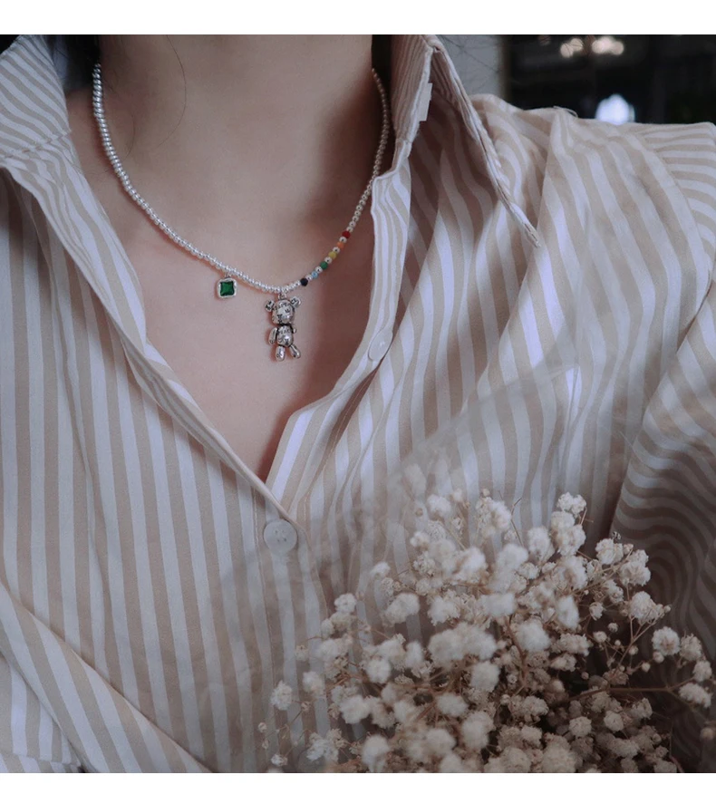 

Korean Fashion S925 Sterling Silver Rainbow Cute Lovely Bear Pendant Necklace Exquisite Women Collar Jewelry Party Gift