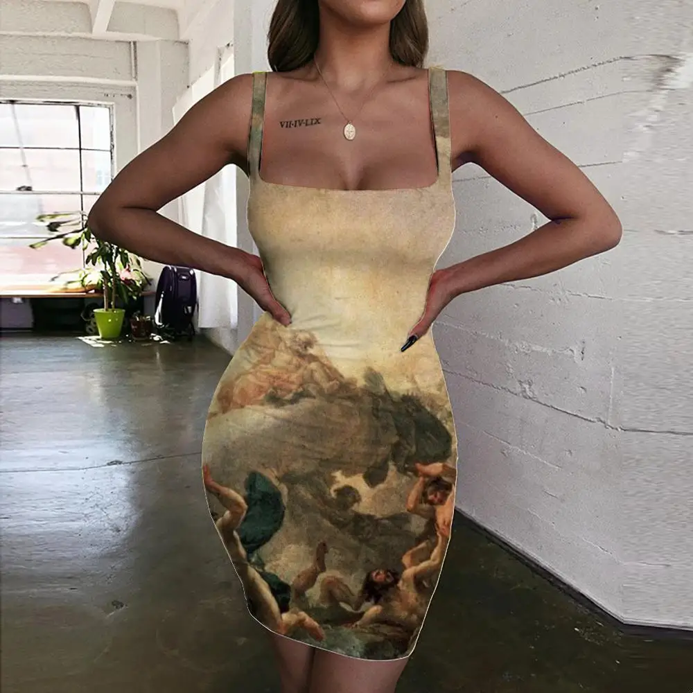 

KYKU Brand Abstract Dress Women Painting Ladies Dresses Colorful Halter Sleeveless Womens Clothing Plus Size Short Boho