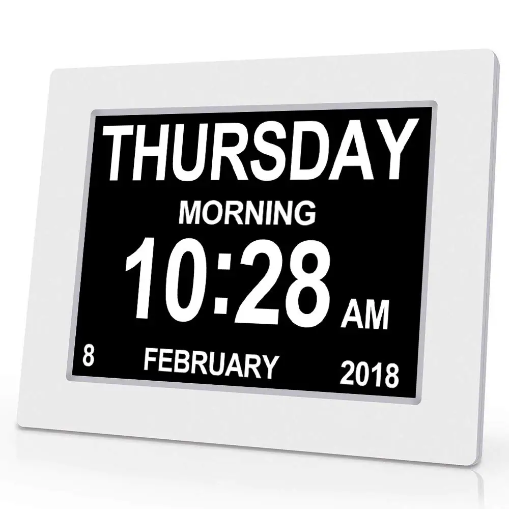 

Clock with Digital Photo Frame, Extra Large Non-Abbreviated Day & Month for Seniors Visually Impaired Blinds Elderly Alzheimer