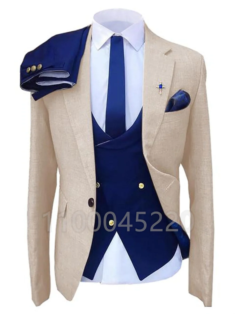 

2022 New Fashion Suit For Men Khaki Blazer Navy Blue Vest And Pants For Bride Groom Best Man Tuxedo Costume Size