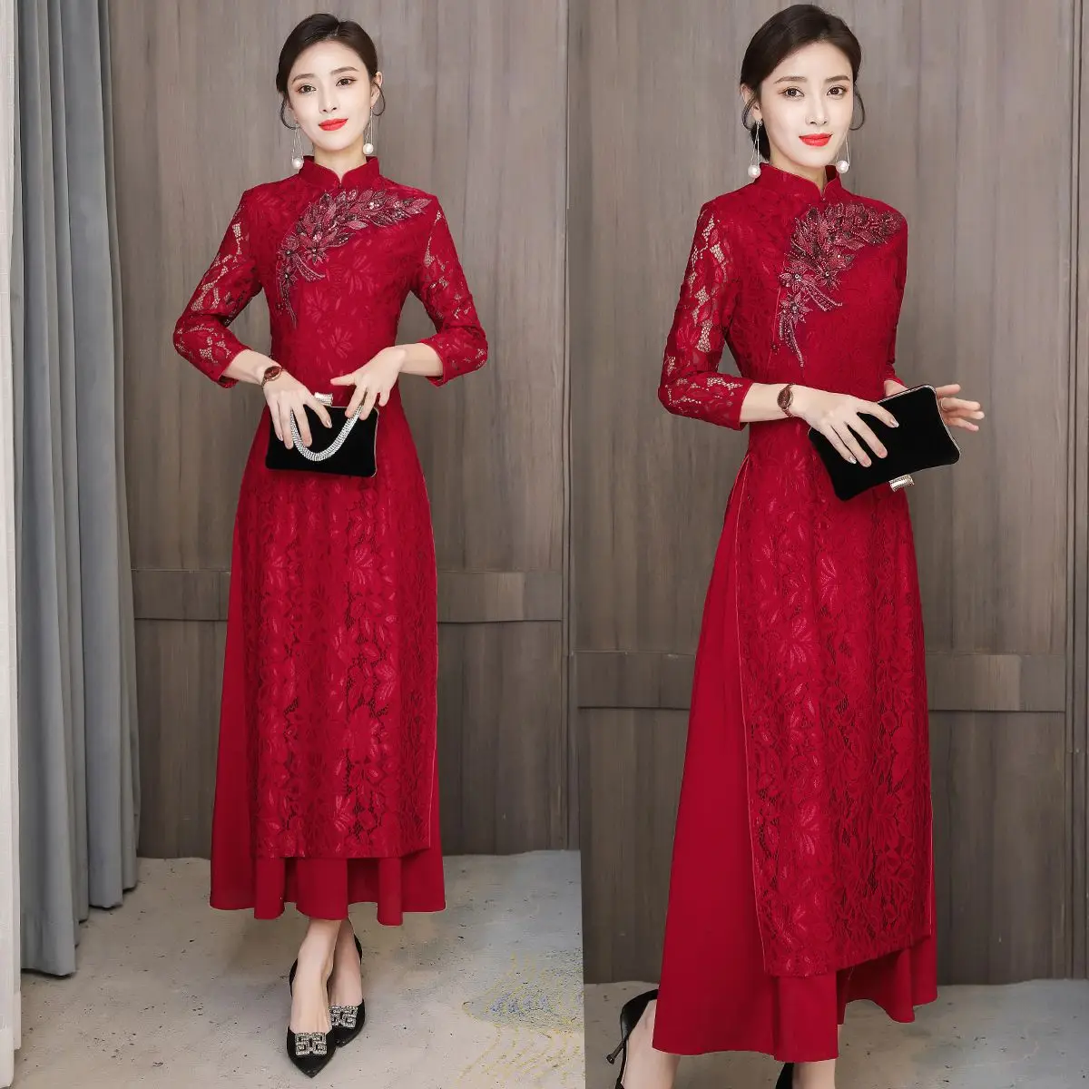 

COIGARSAM Dresses Women Winter Spring 2022 New Cheongsam Lace Red Dress Dropshipping