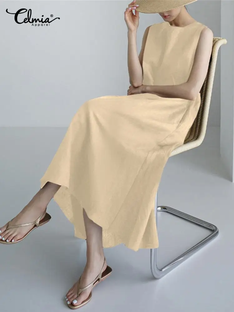 

2022 Summer Women O Neck Sundress Celmia Leisure Loose Solid Color Sleeveless Tank Dresses Fashion Pockets A Line Long Midi Robe
