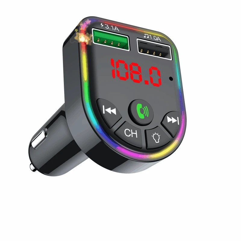 

Car Bluetooth 5.0 FM Transmitter Dual USB Type-C Charger Wireless Handsfree Audio Receiver Mp3 Player Atmosphere Light