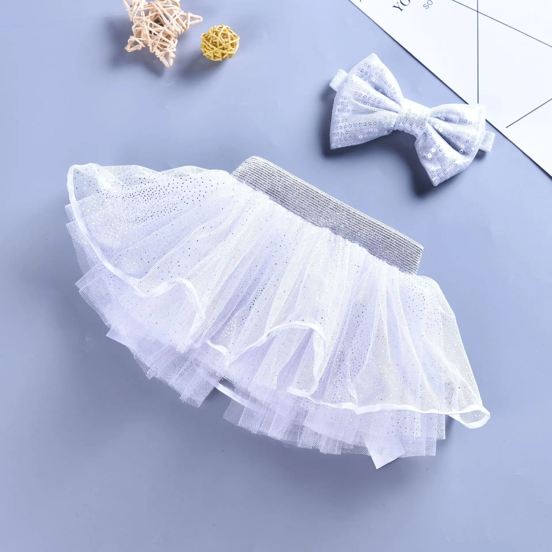 

Newborn Baby Tutu Skirt Bow Headband Girl Princess Skirt White Gauze Sequin Set Wholesale Mesh Cute Puffy Clothes Toddler Wear