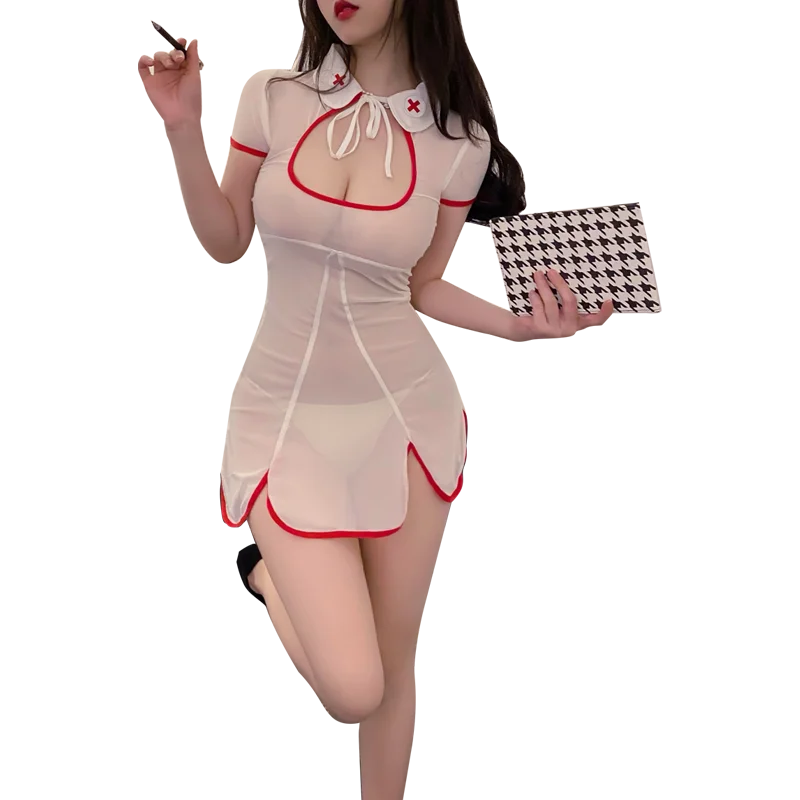 

Соблазнительный костюм медсестры для косплея, платья из фатина в стиле пэчворк, Прозрачное нижнее белье с красными краями, эротическое бель...