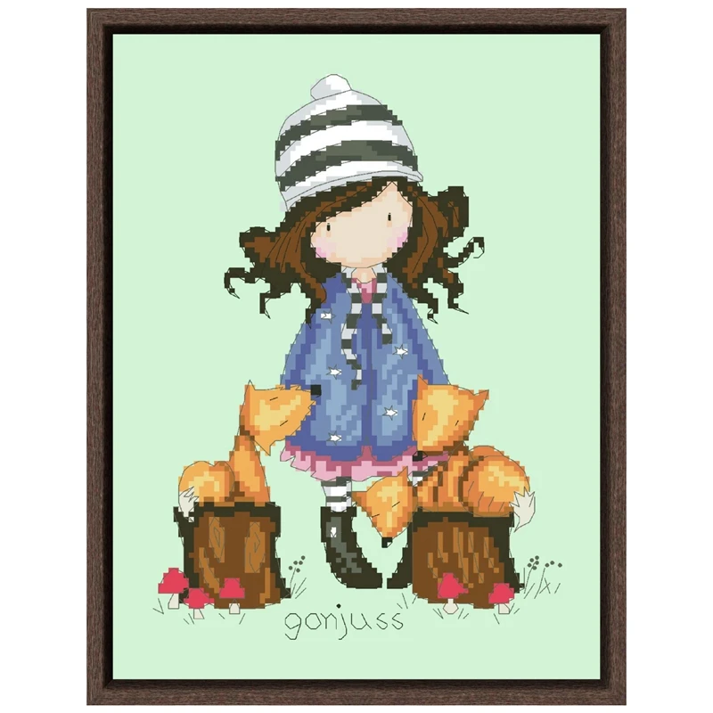 

With foxes cross stitch kits package cartoon girl 18ct 14ct 11ct light green fabric embroidery DIY handmade needlework