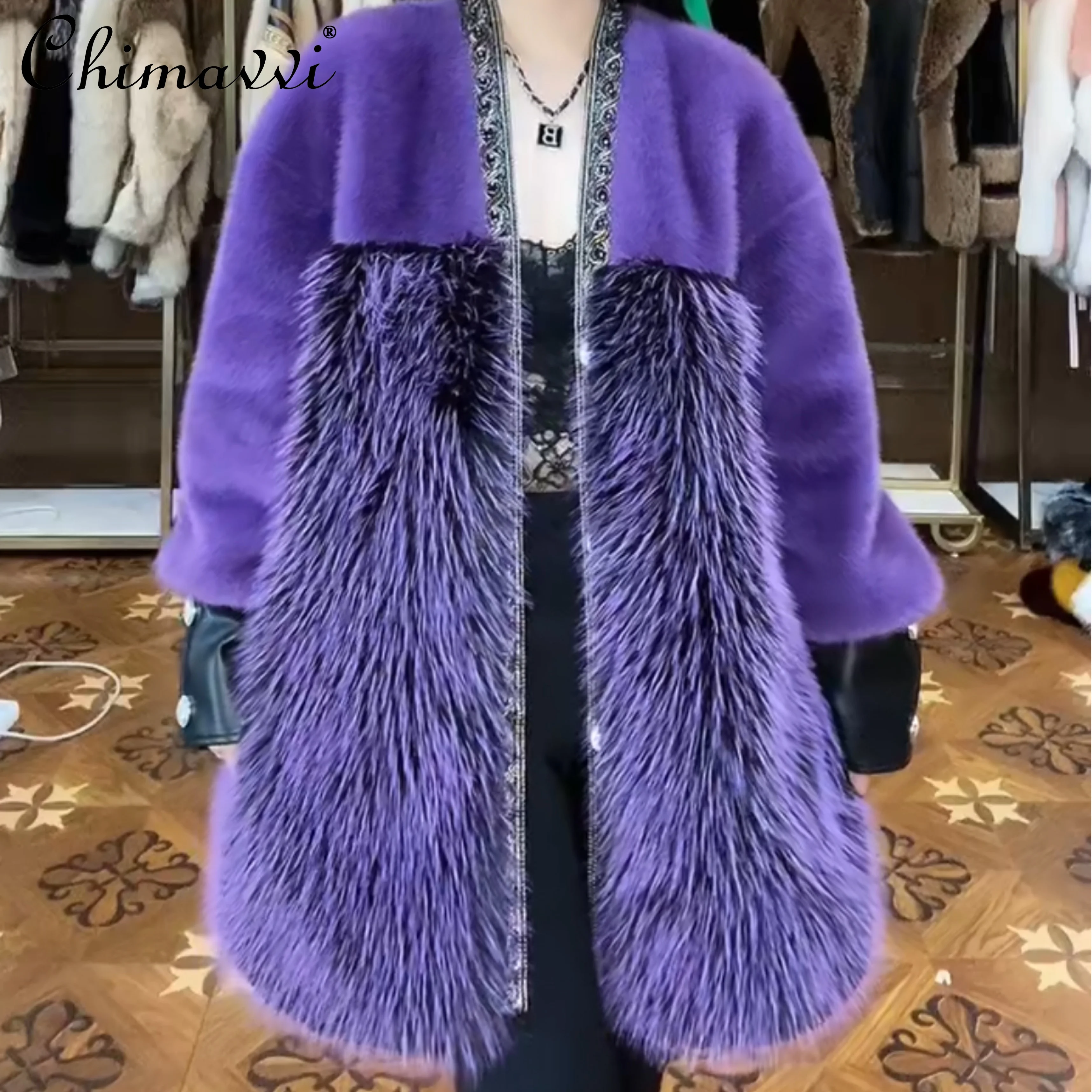 European Fur Jacket 2022 New Winter Coats Fashion High-End Long Sleeve Women's Toka Double Face Wool Leather Warm Faux Fur Coat