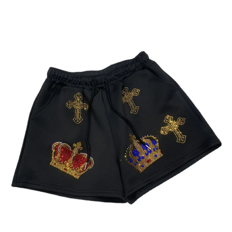 Blingbling Letter Cartoon Hot Drill Women Shorts New Spring All-match Elastic Waist Wide Leg Short Pants Streetwear