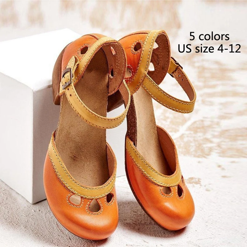 

Fashion Women's Sandals PU Color Blocking Buckle Round Toe Hollow Out Elegant Retro High Heels Mid Heel Candy Color Summer Shoes