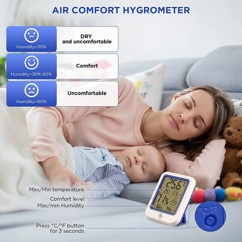 

Digital Hygrometer,Indoor Thermometer,Hygrometer Gauge Indicator With, Press Backlight Temperature And Humidity
