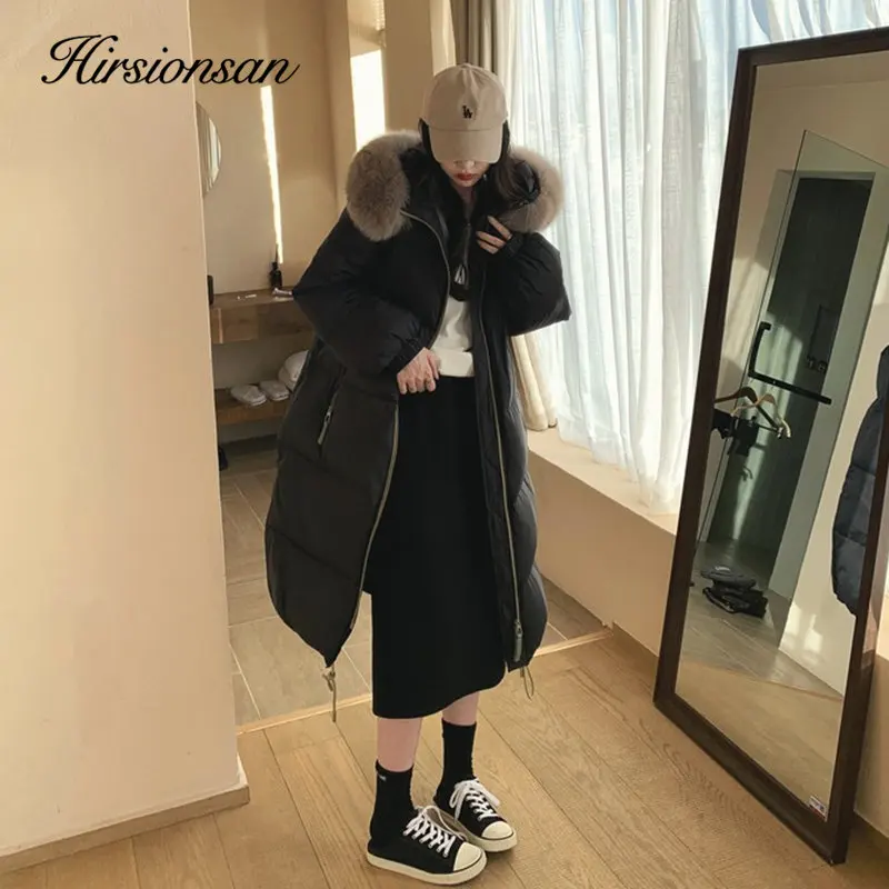 Hirsionsan Winter Solid Zipper Large Fur Collar Hooded Long Down Jacket Women New Korean Thicken Warm Puffer Clothing Female
