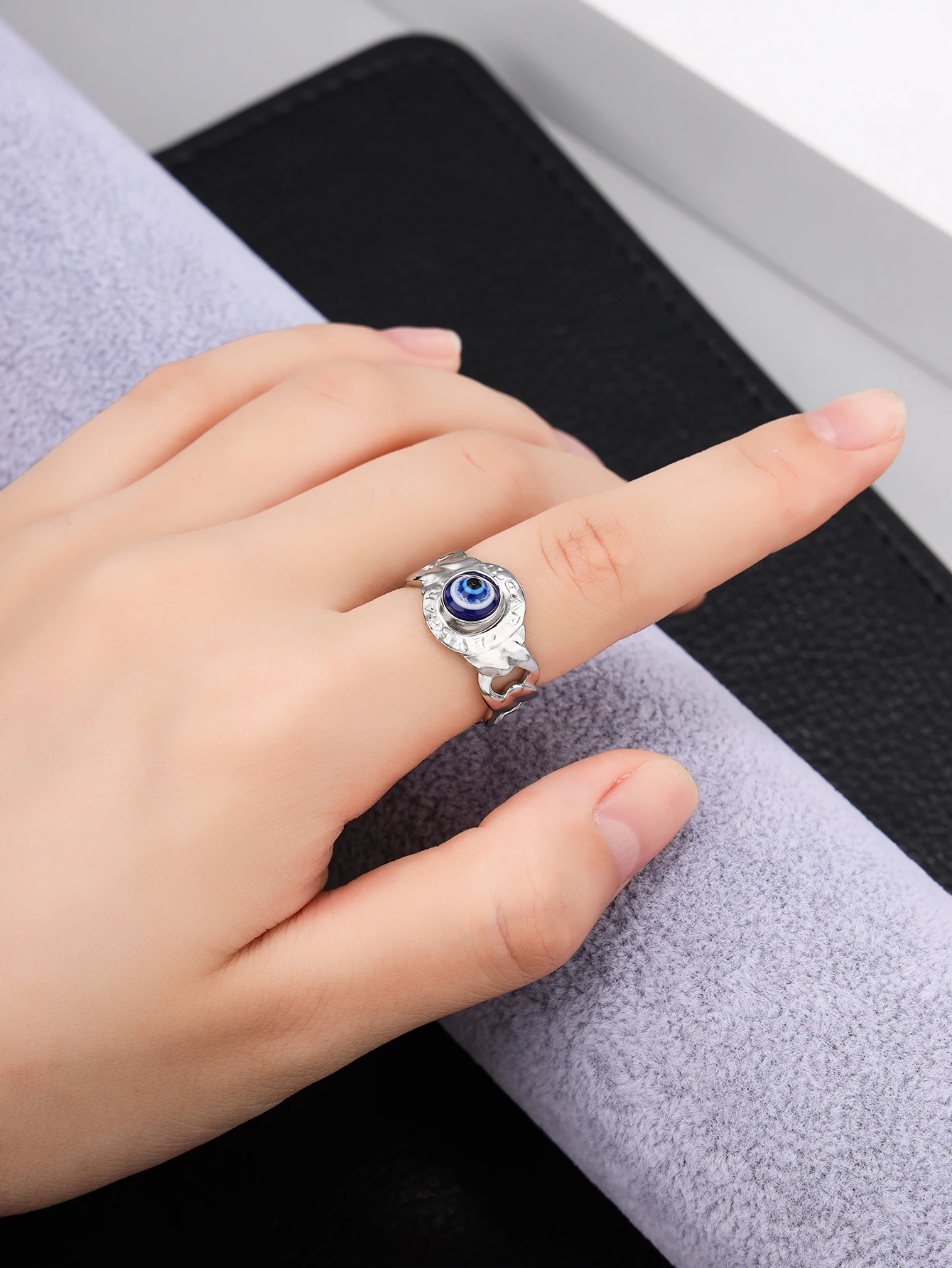 

Original Design Devil's Eye Ring Korean Silver Plated Zircon Ring Female Light Luxury Irregular Lava Opening Ring Adjustable