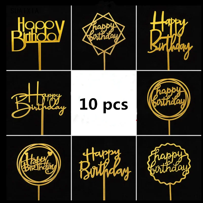 

10Pcs 33 Styles Happy Birthday Cake Topper black Gold Acrylic Cake Toppers Baby Shower Cake Birthday Party Cake Flag Decorations