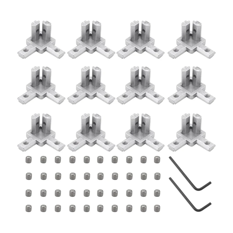 

12 шт., набор 3-ходовых угловых коннекторов 2020 с 48 винтами M4 и 2 гаечными ключами M2 для алюминиевых экструдий серии 2020