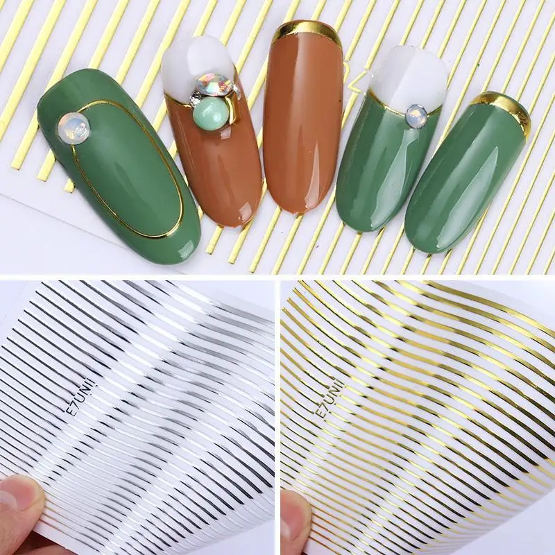 

Nail Art Fluorescent Line Adhesive Stickers Wavy Lines Bendable Laser Gold Silver Lines Curved Nail Decals Stylish Elegant