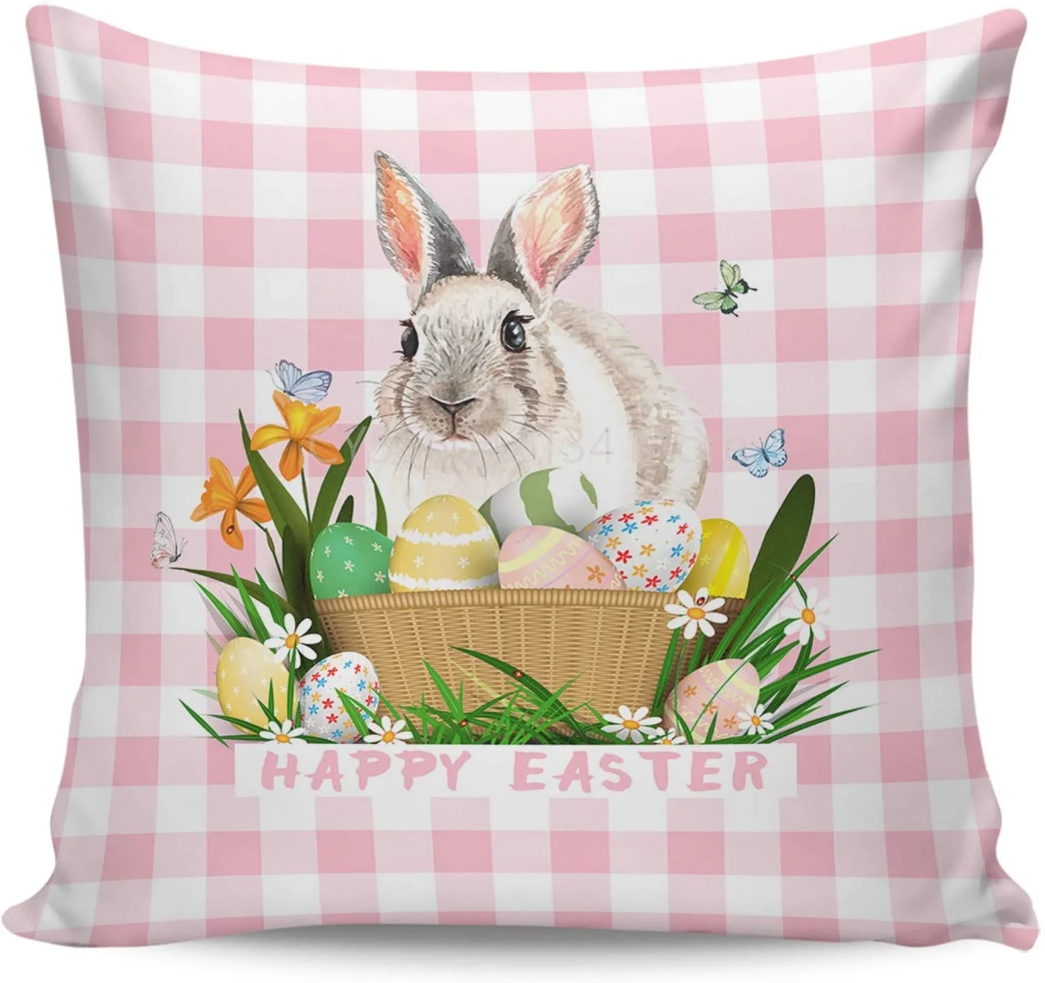 

Happy Easter Bunny Egg Fresh Floral Pink Buffalo Check Plaid Soft Short Plush Pillow Case for Couch/Sofa/Bedroom/Car