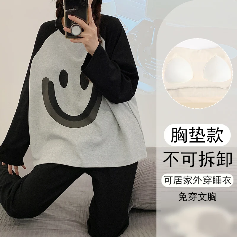 Spring and Autumn New Women Smiley Pajamas Long sleeve Trousers Set two piece Plus size Internet Red Sle Casual Home Wear