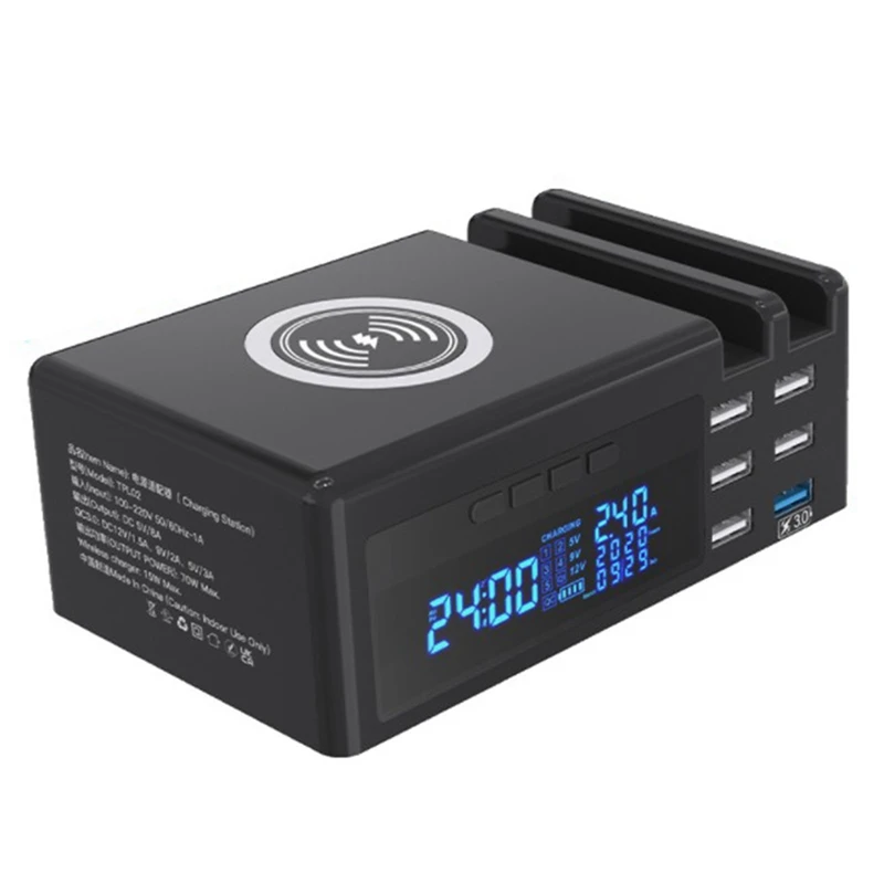 

Беспроводное зарядное устройство Qi с 6 портами и ЖК-дисплеем, USB, зарядное устройство с подставкой QC, портативное быстрое зарядное устройств...