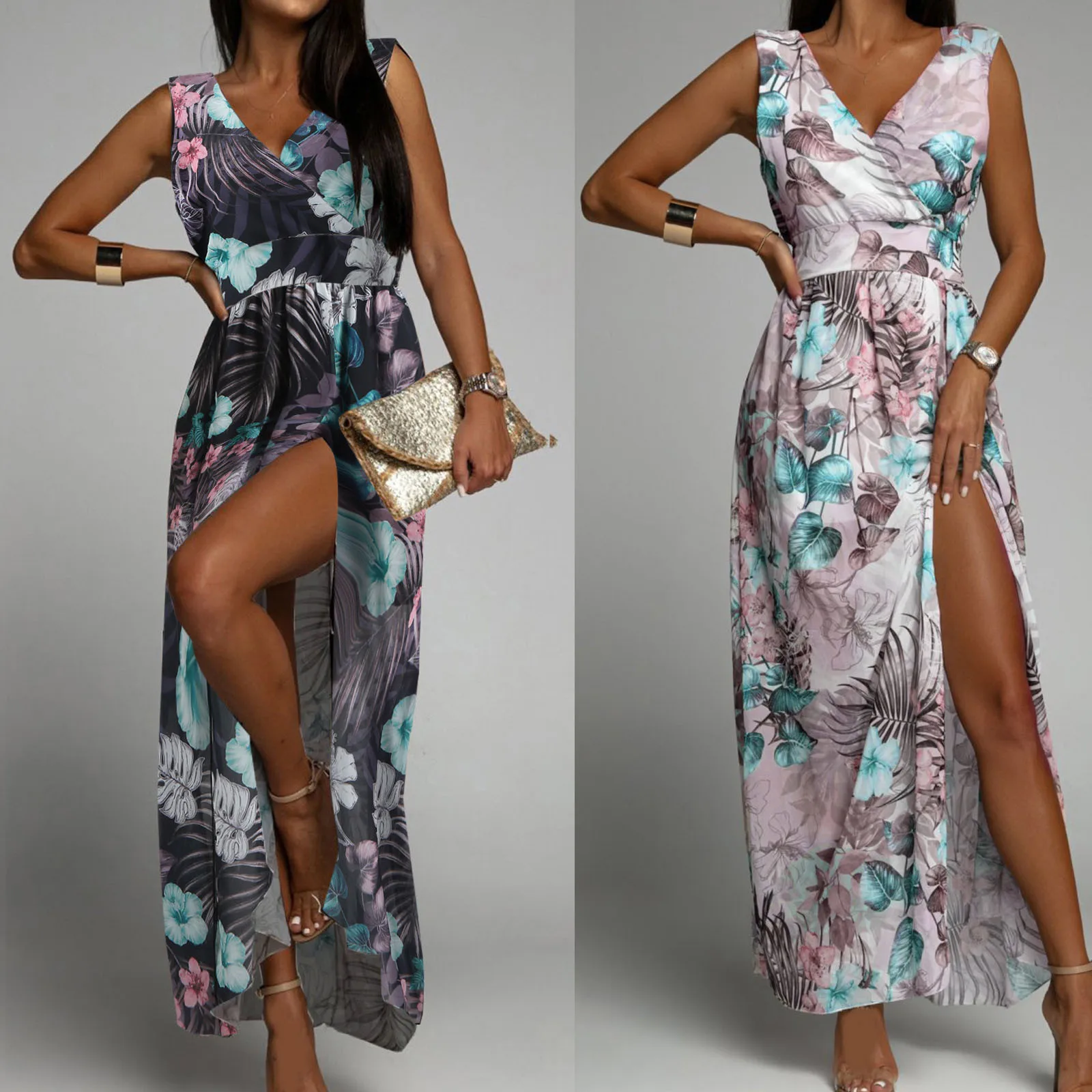 

Женское сексуальное шифоновое вечернее платье без рукавов с принтом и V-образным вырезом, длинное платье с высоким разрезом, велюровое плат...