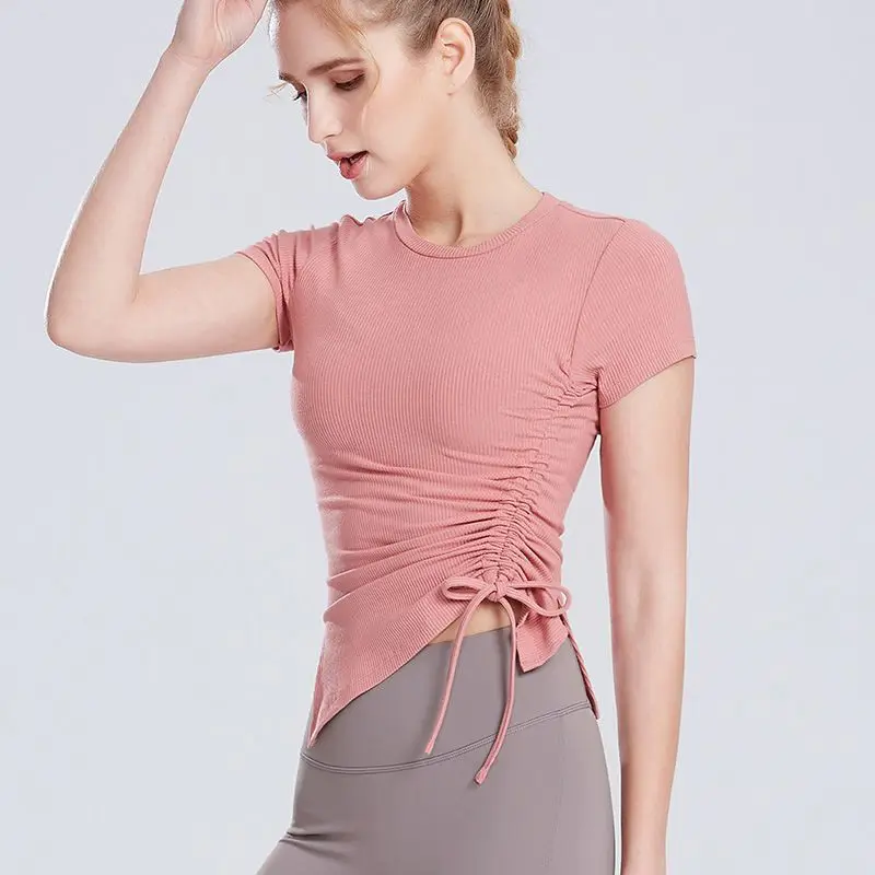 

Sports T-Shirt Women Summer Sexy Drawstring Quick-Drying Breathable Slimming Stretch Running Short-Sleeved Soft Yoga Clothes Top