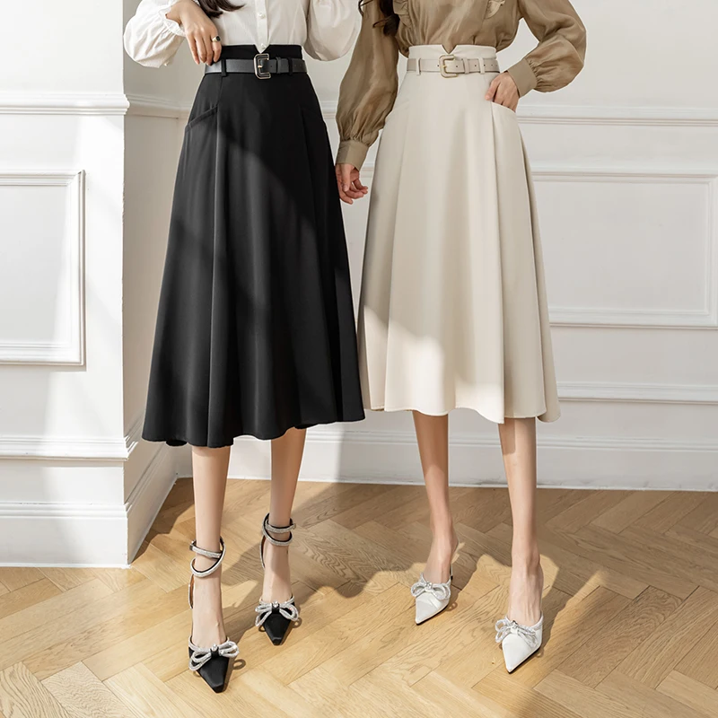 

Commuter women suite skirt for office lady Korean fashion clothing 2022 spring autumn chiffon mid-calf A-line solid color dress