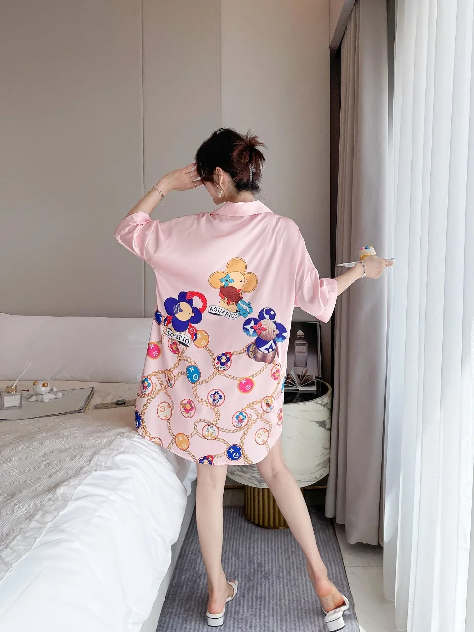 [Women's pajamas] [high-quality]New Short Sleeve Long Pants Ice Silk Set Korean Version Sweet Sunflower Large Homewear Pajamas