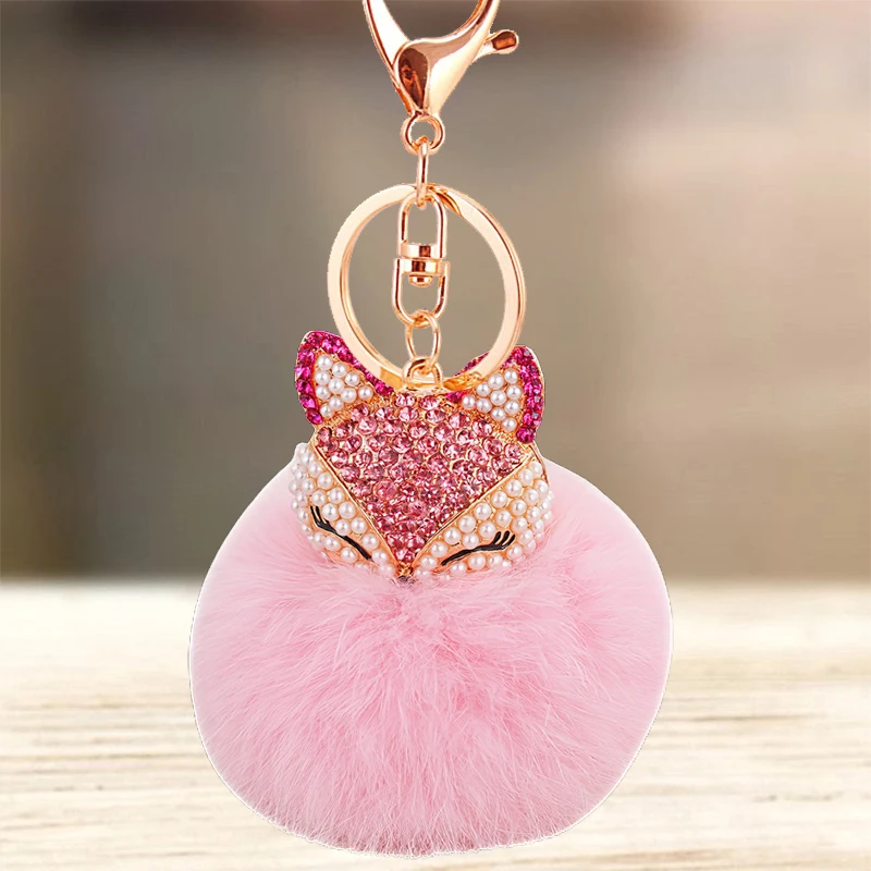 Cute Rhinestone Crystal Puff Ball Fox Keychain Animal Pretty Eyes Fox Key Chain Key Ring Holder Bag Pendant Accessories Keyring