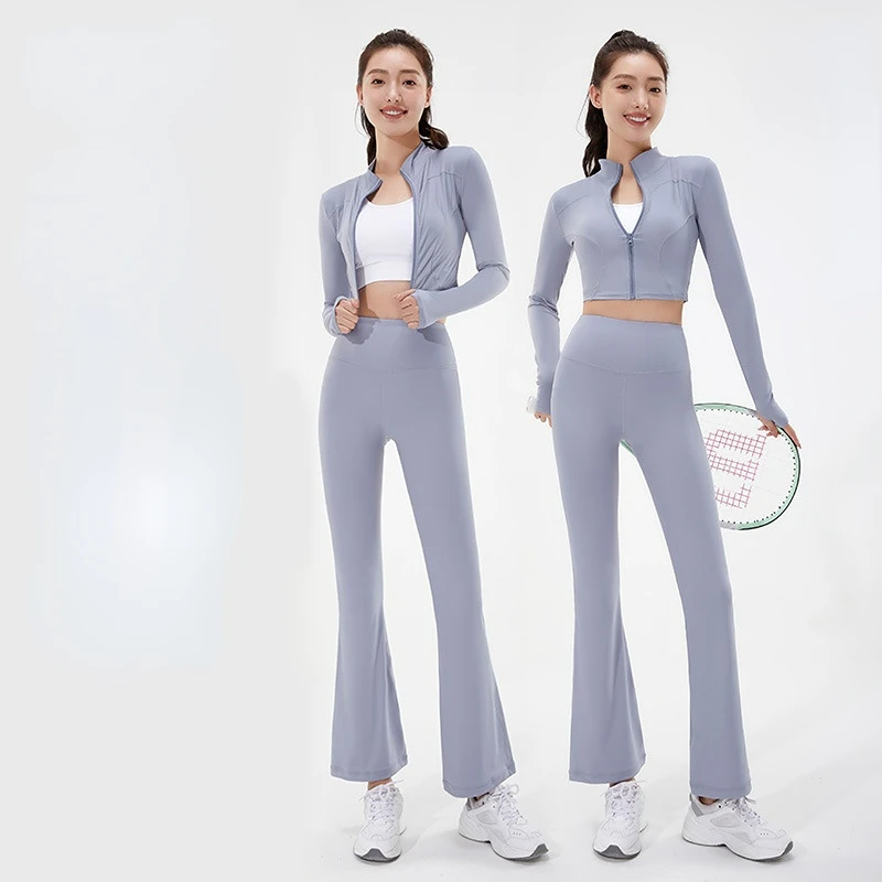 Women's Tracksuit Yoga Set Gym Training Running Sportswear Crop Top Coat Bell Bottom Pants High Waist Fitness Sports Two Piece