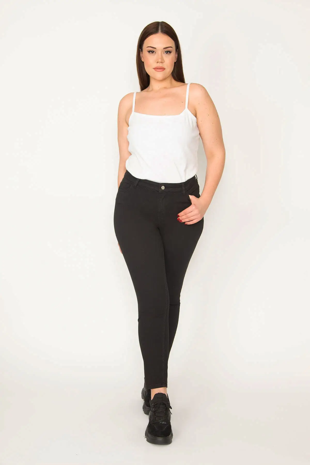 

Women's Jean Women Black High Waist Pocket Full Length Straight Pant Streetwear Female Buttons Zipper Ladies