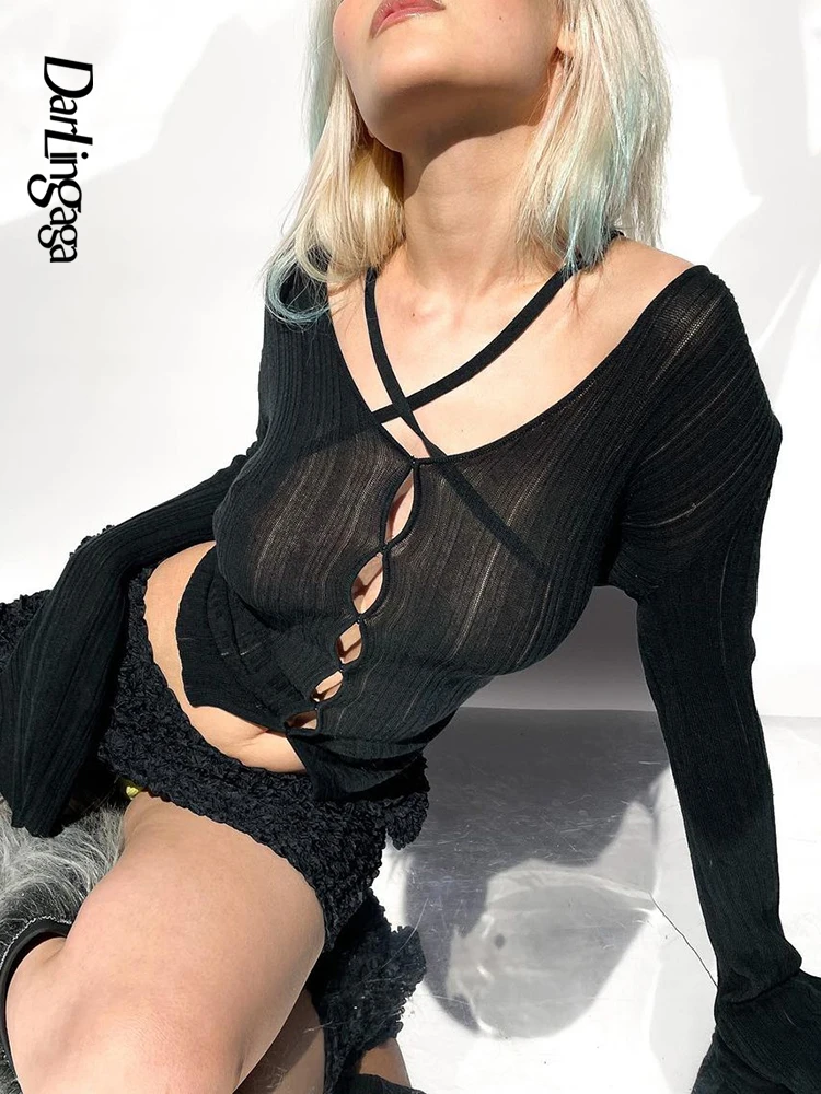 

Darlingaga Y2K Retro Fashion Skinny Lace Up Women's T-shirts Streetwear Transparent Crop Tops Basic Solid Tee Party Gothic Short