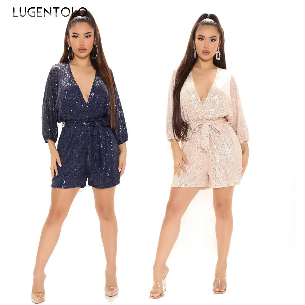 

Женские комбинезоны с блестками, однотонные летние сексуальные бандажные короткие комбинезоны с V-образным вырезом в стиле High Street, одежда для женщин, комбинезоны