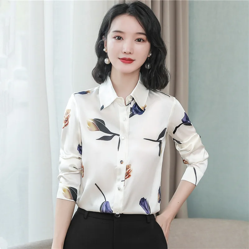

Silk Women's Blouse Loose Girl's Shirt Fashion Long Sleeve Top Casual Chiffon Print Summer Female Clothing