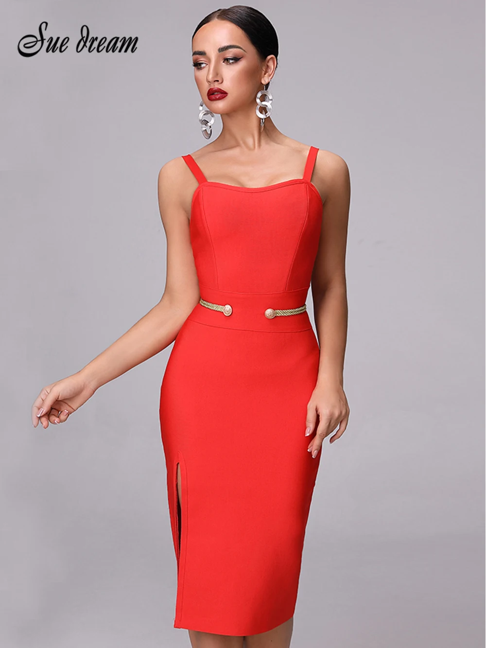 

2021 New Bandage Dress Elegant White Red Women's Dress Sexy Party Dress Calf Length Split Spaghetti Dress Vestdios