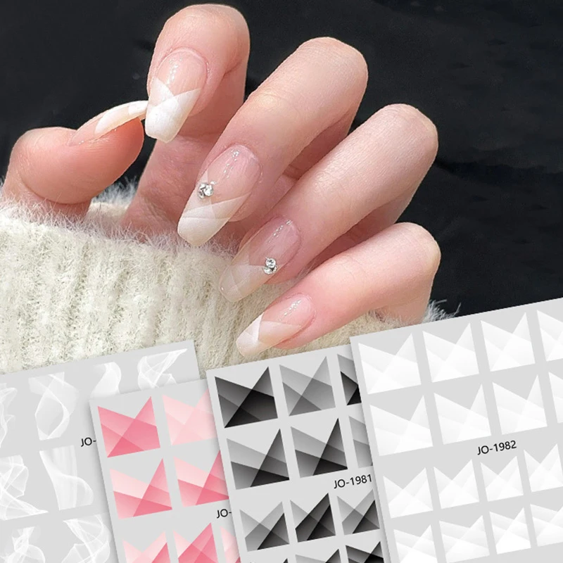 

French Smoke Flower Pattern Self-Adhesive White Black Decal Design Nail Art Stickers 3D French V Line Curved Decals Manicure