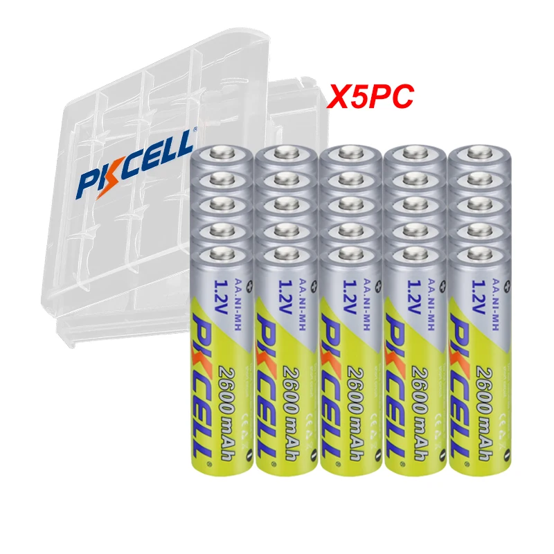

20 шт./лот Pkcell AA 2600 мАч NIMH AA Аккумуляторная батарея 1,2 в aa Аккумуляторы с 1000 циклом для фонарика и 5 шт. аккумуляторных батарей