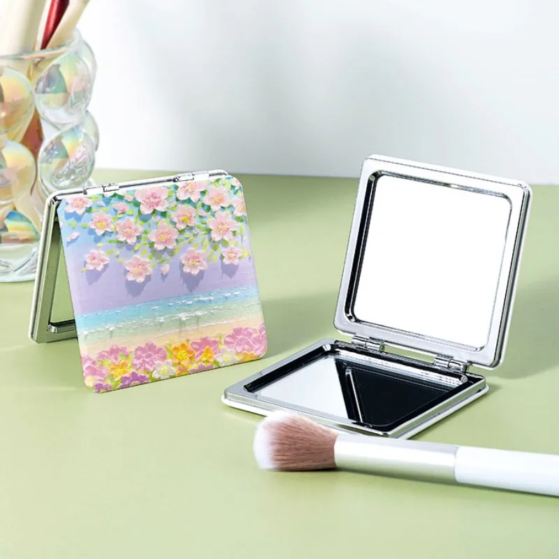 

Double Sided Makeup Mirror Hand-Painted Oil Painting Folding Vanity Mirror Portable Carry-On Handheld Flip Top Cosmetic Mirror