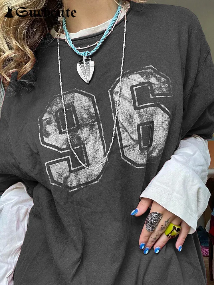 

SUCHCUTE Y2K Oversize Letter Print Women's T-Shirts Vintage Long Sleeve O Neck Fake Two Shirt Streetwear Preppy Autumn Clothes