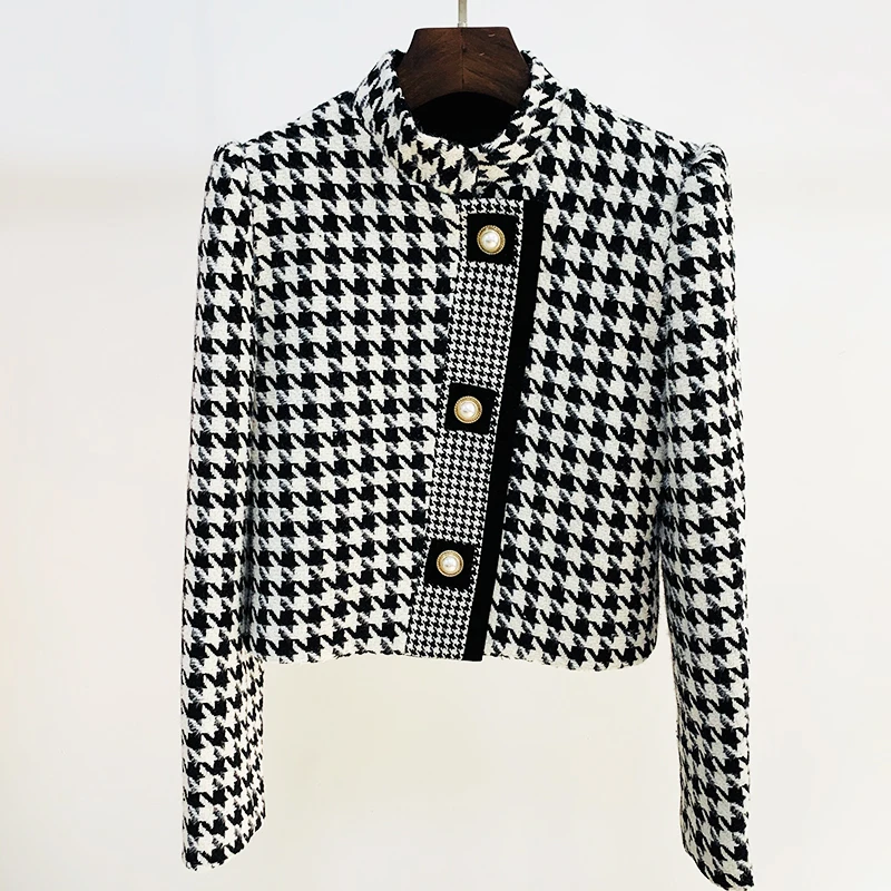 

EXCELLENT QUALITY Newest 2022 Designer Jacket Women's Pearls Buttons Wool Blends Houndstooth Tweed Short Jacket