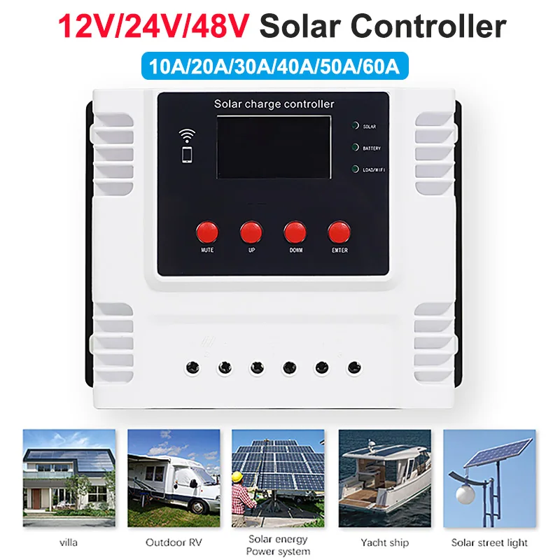 

Solar Panel Controll Regulator 10A/20A/30A/40A/50A/60A PV Solar Charge Controller 12V/24V/48V Automatically Identify LED Display