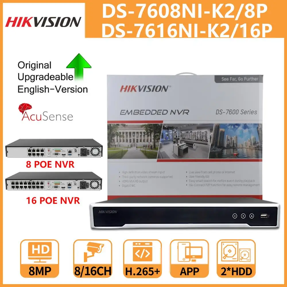

Hikvision 8CH 4K NVR 8 Channel Network Video Recorder DS-7608NI-K2-8P 8Port PoE 2SATA HDD Plug & Play Original Upgradeable