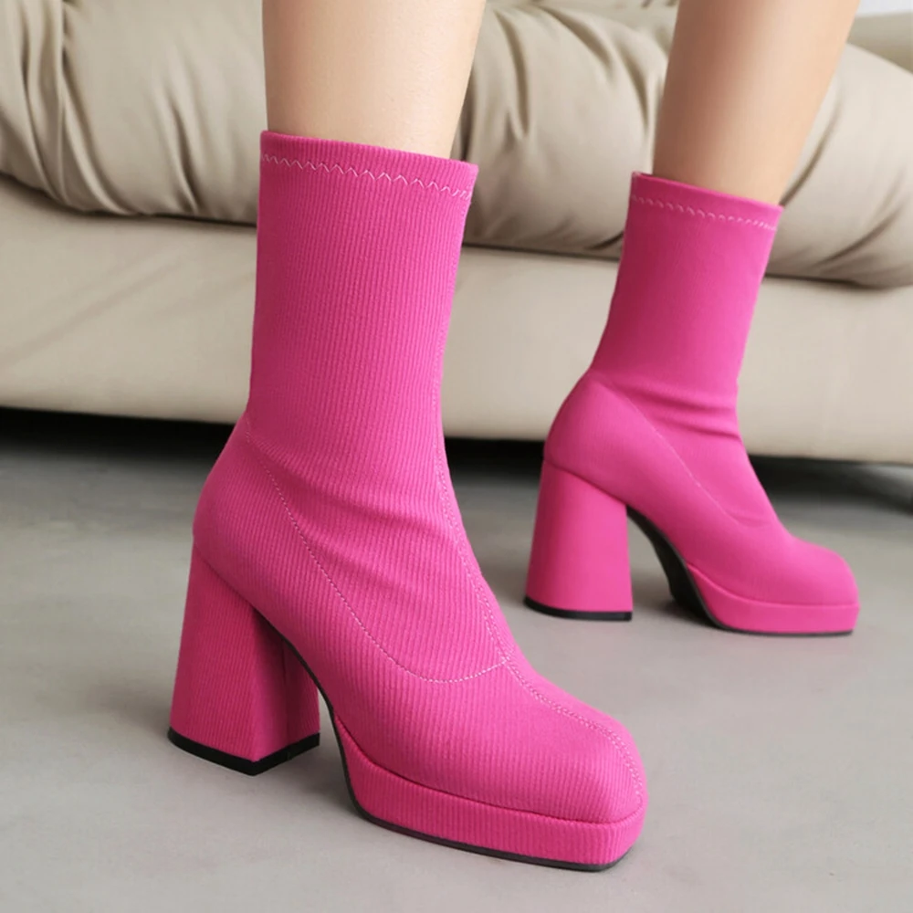 Женские эластичные ботинки на платформе черные толстом высоком каблуке большой